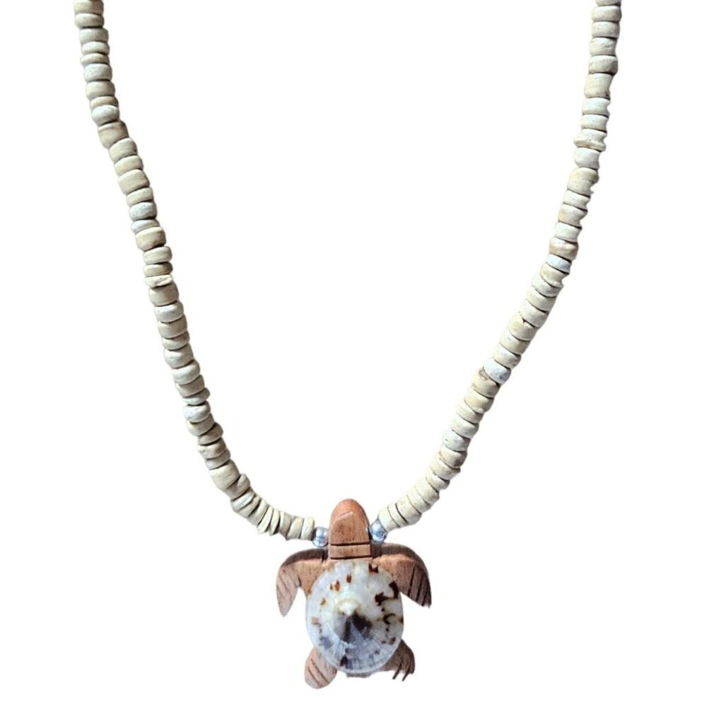 Handmade Wooden Turtle Seashell Pendant Necklace Beaded Chain Hand Carved Beach